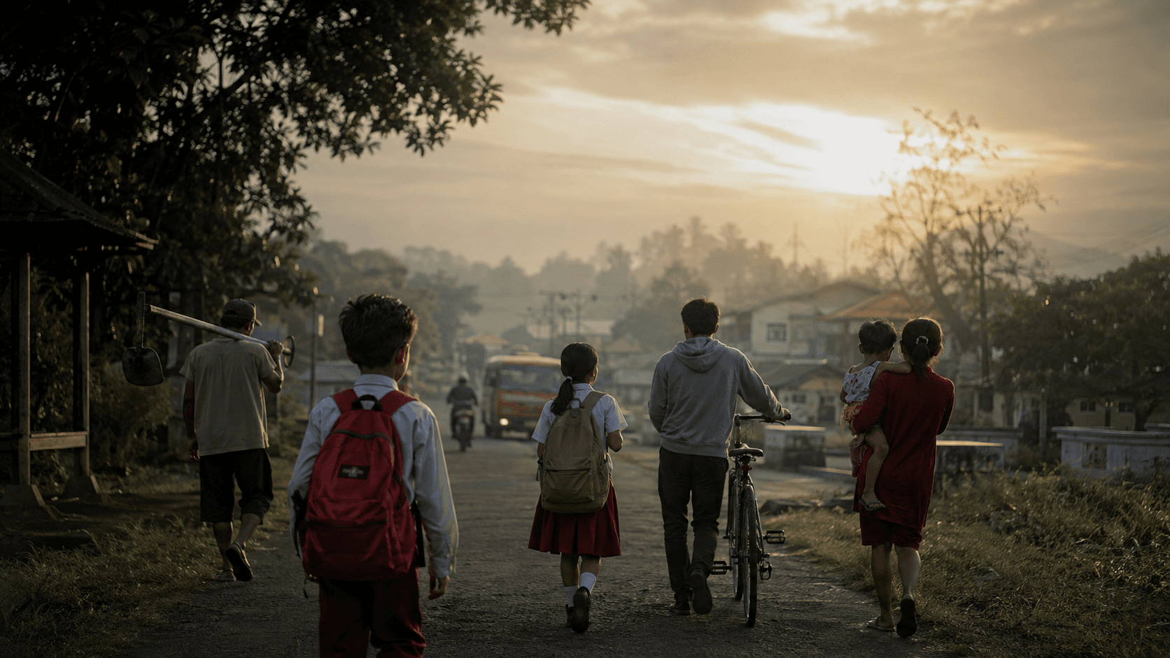 Anak-anak dan keluarga berjalan menuju jalan yang diterangi cahaya pagi.