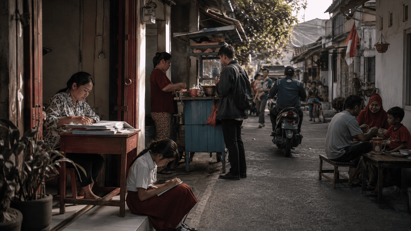 Kehidupan sehari-hari di sebuah gang: belajar, bekerja, pulang, dan berkumpul.