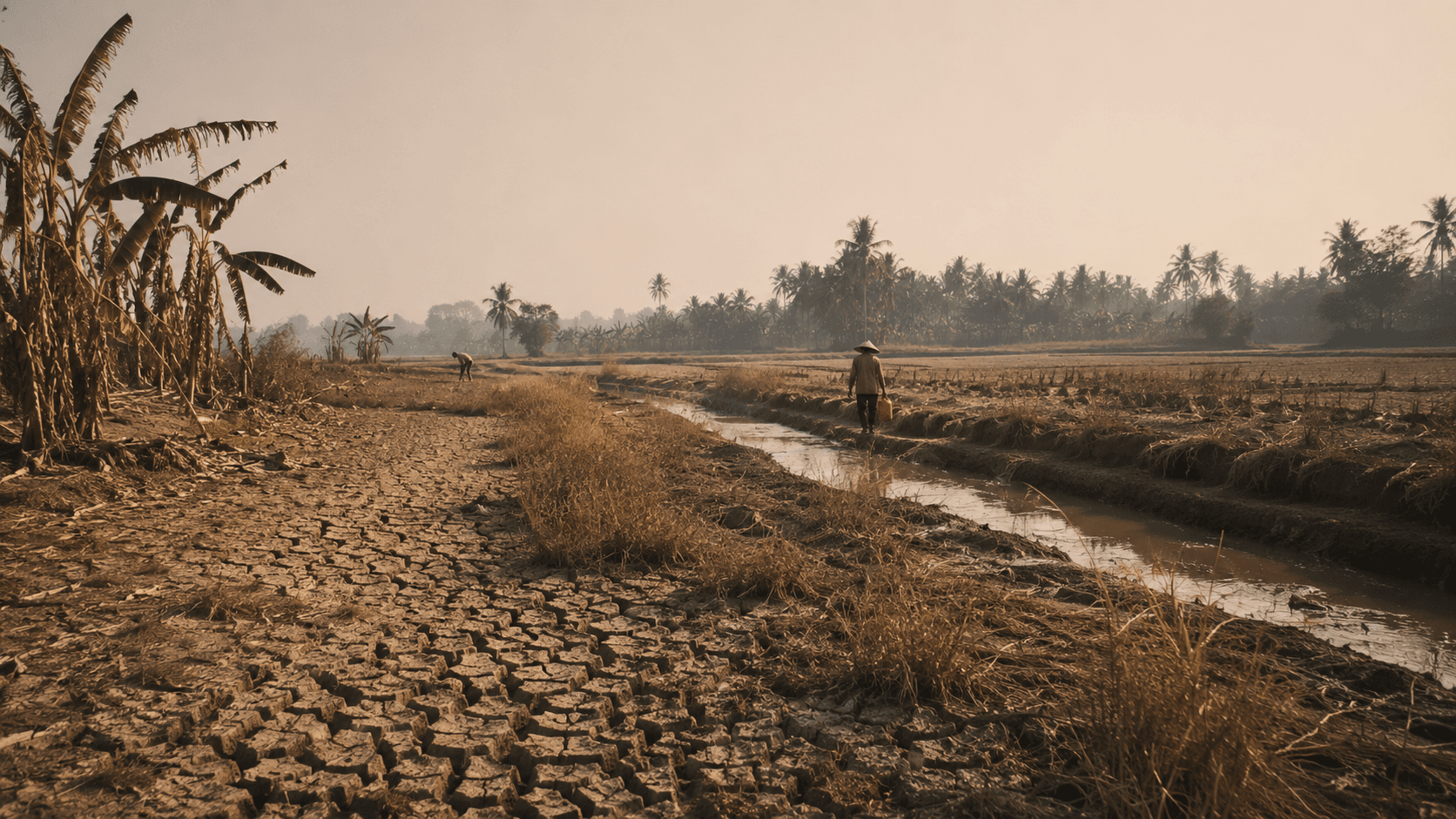 Petani berjalan di lahan kering dengan saluran air di tengah musim panas.